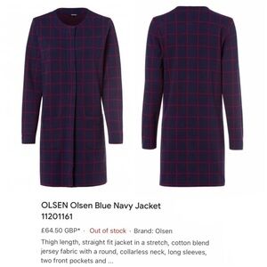 Olsen Navy Blue & Red Simple Plaid Long Cardigan Jacket Sz XL (16)